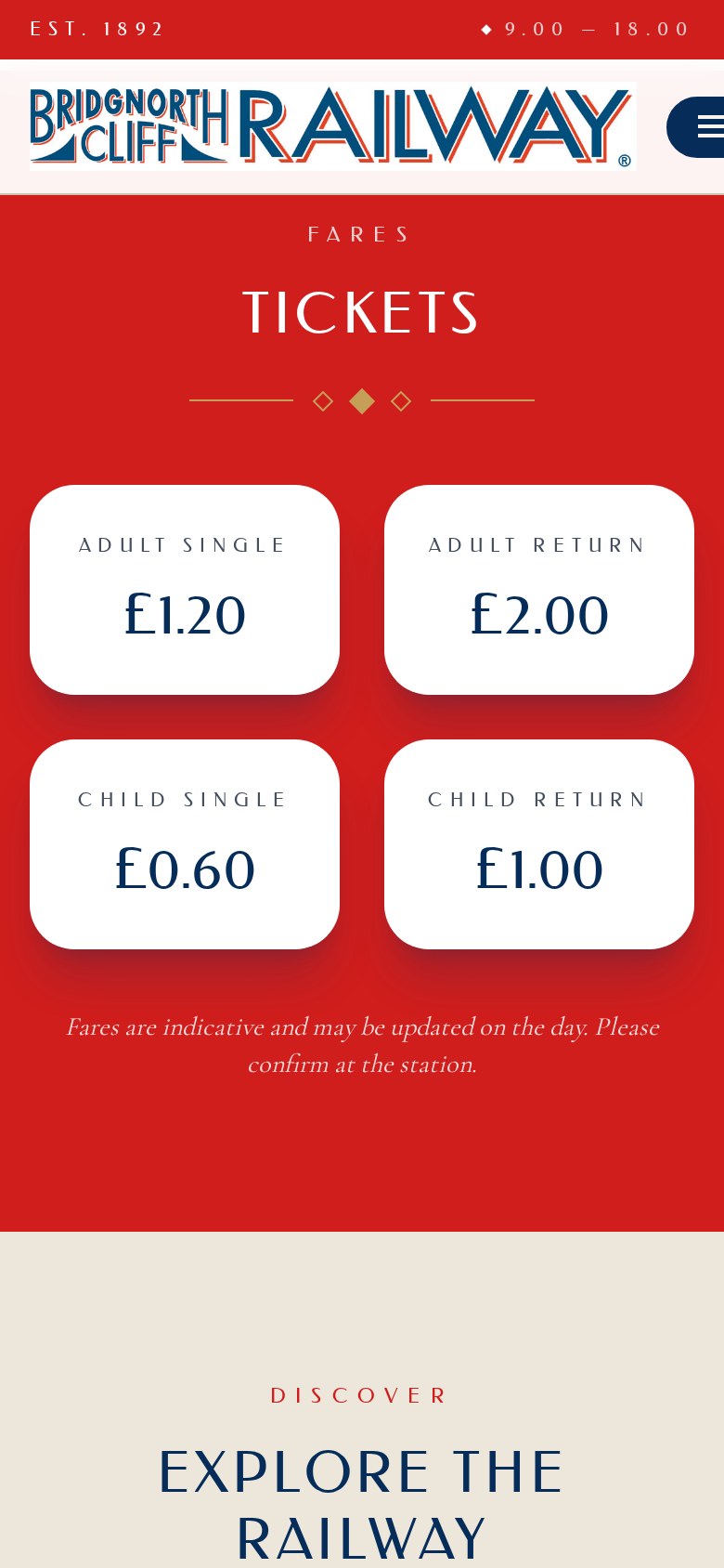 The fares section on a phone: four white ticket cards on a red background in a two-column grid