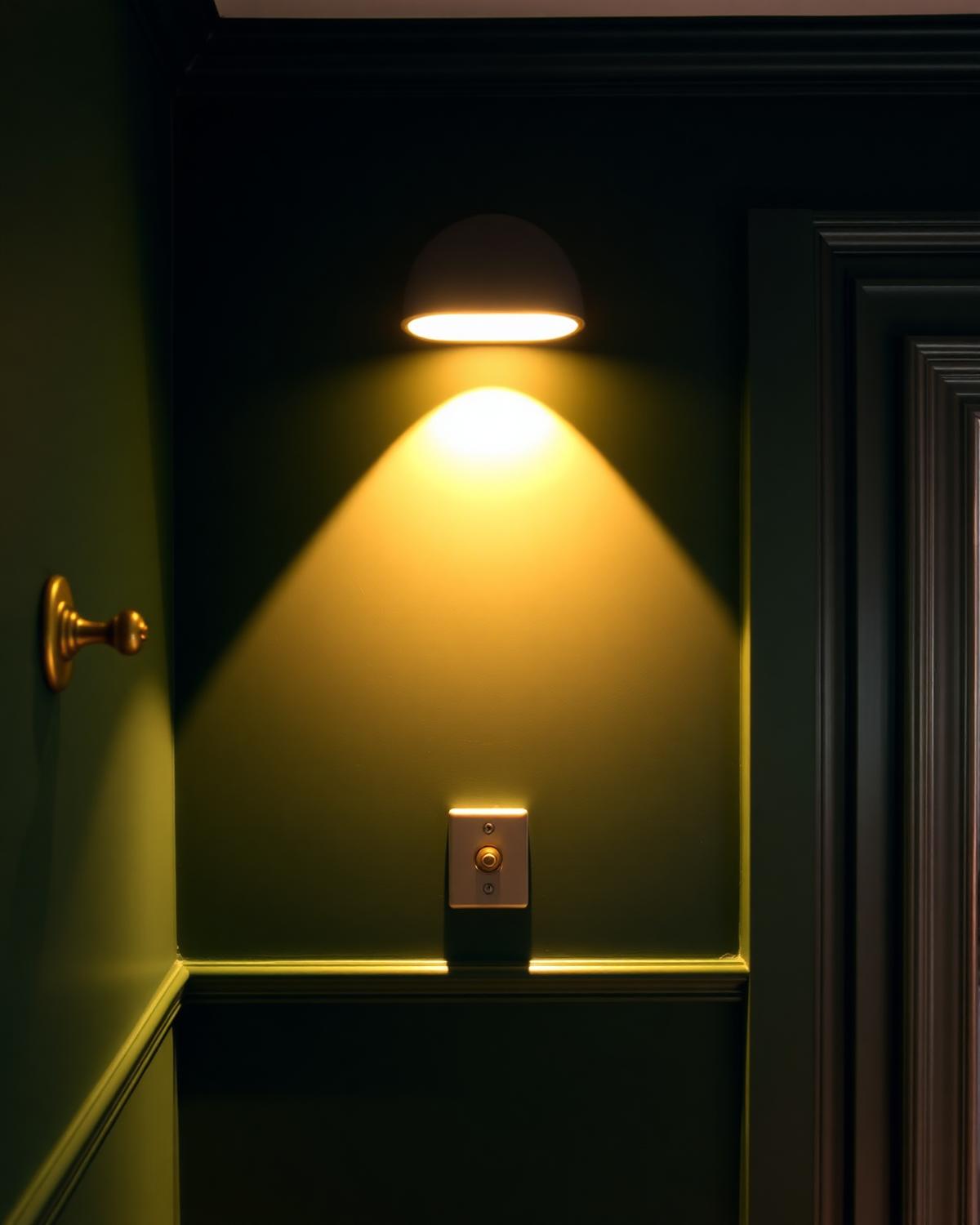 Architectural wall light and brass switch in a deep green interior