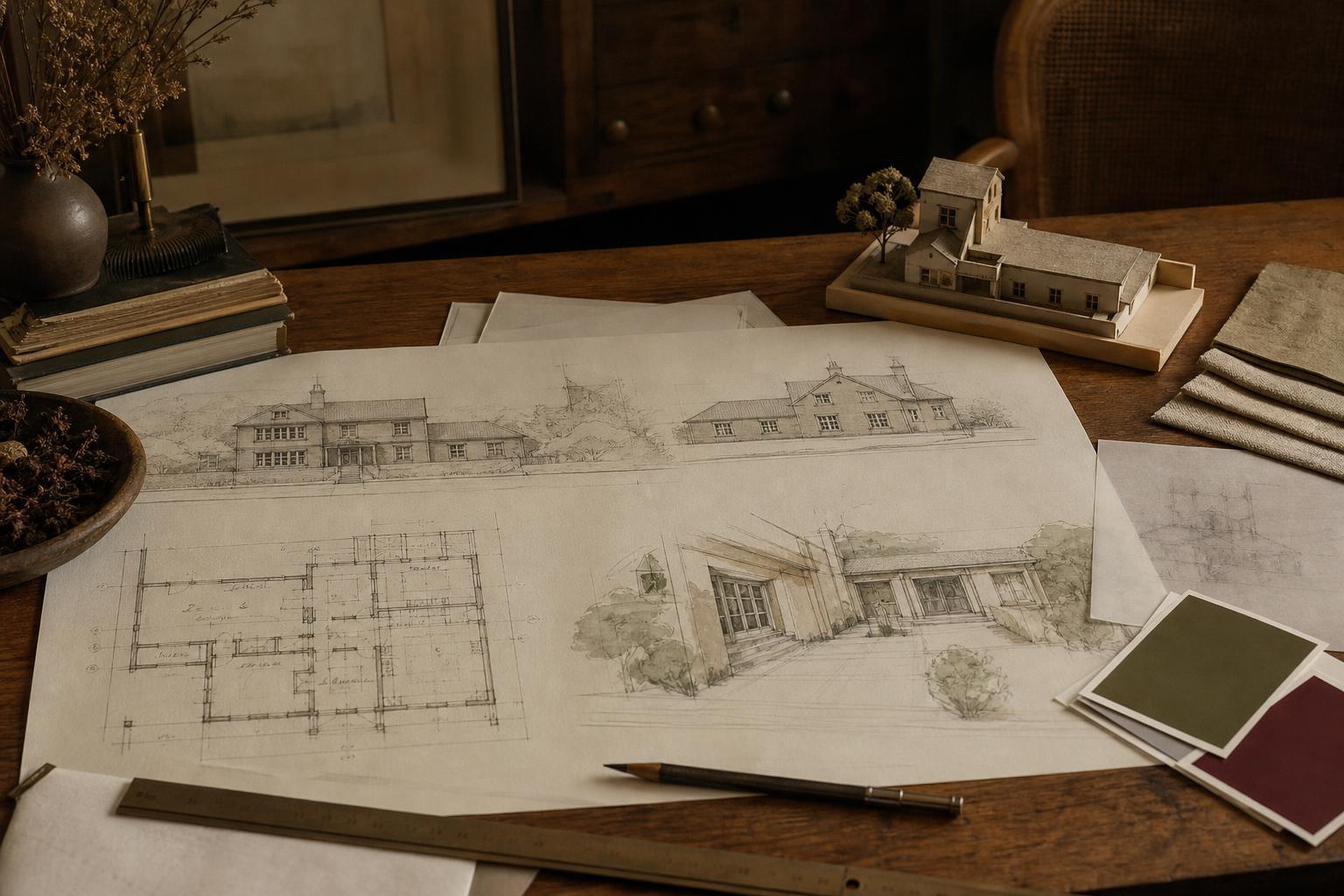 Architectural sketches and a small house model on a warm countryside studio desk