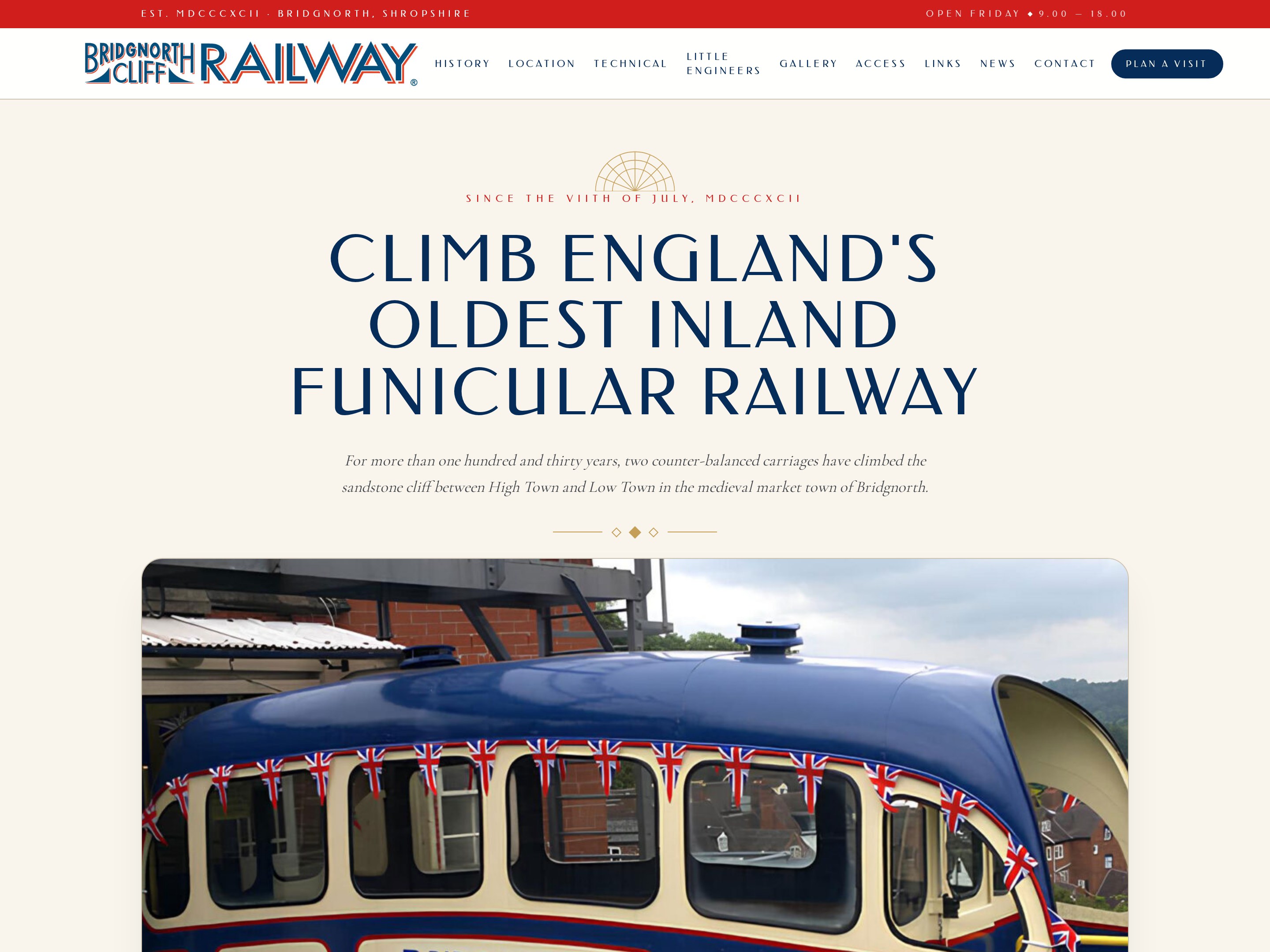 The new Bridgnorth Cliff Railway website: a full-width heritage homepage with clear fares and opening times