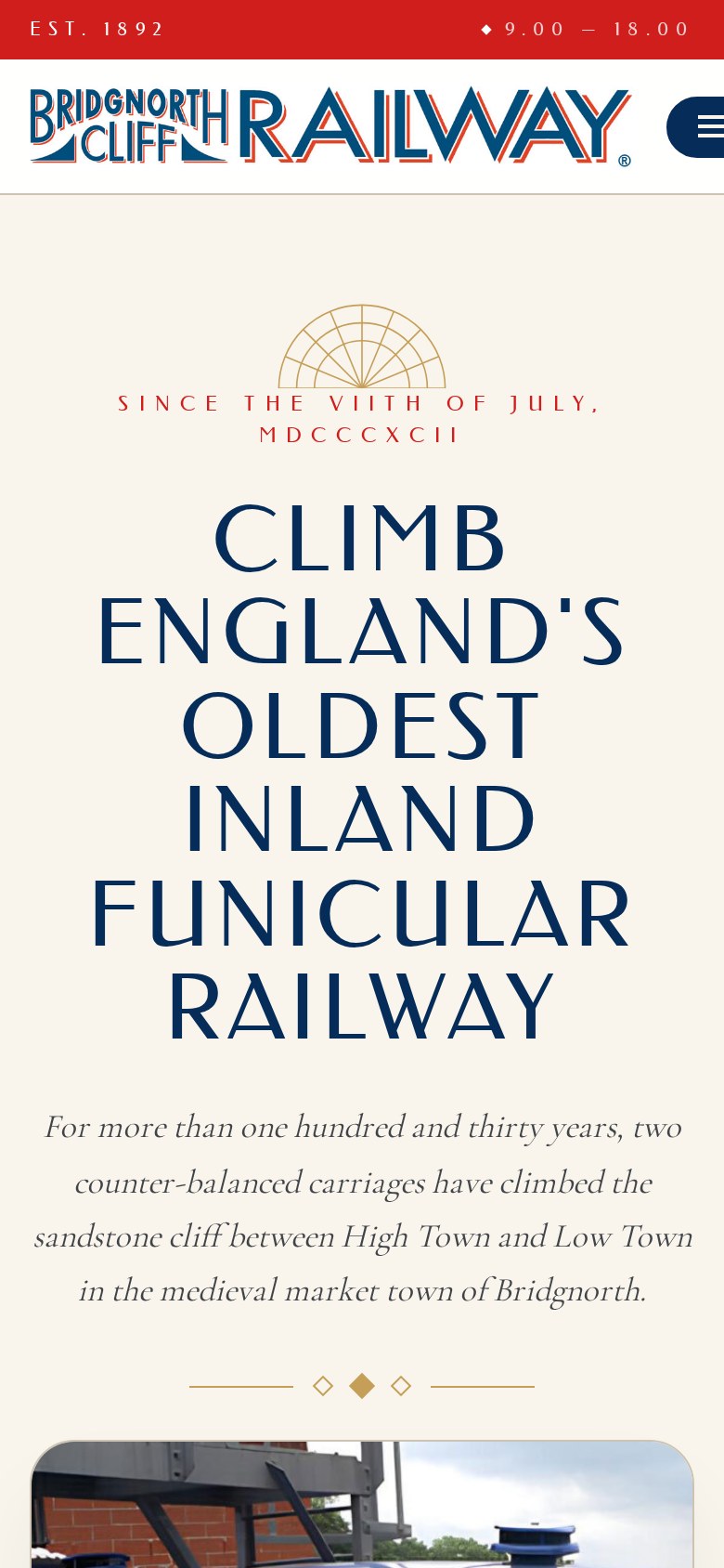 The Bridgnorth Cliff Railway homepage on a phone, showing the fan motif, the 1892 date line and the full-height headline