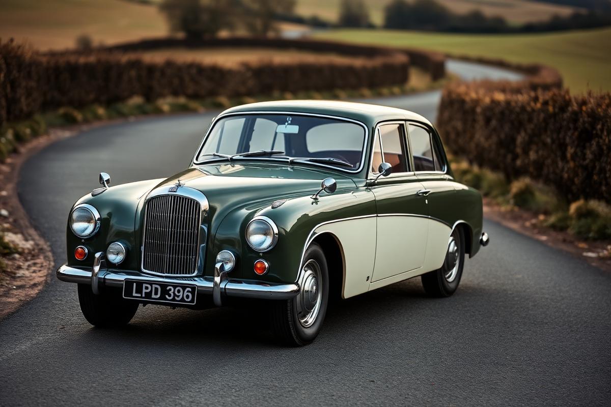 A classic British car on a winding country lane