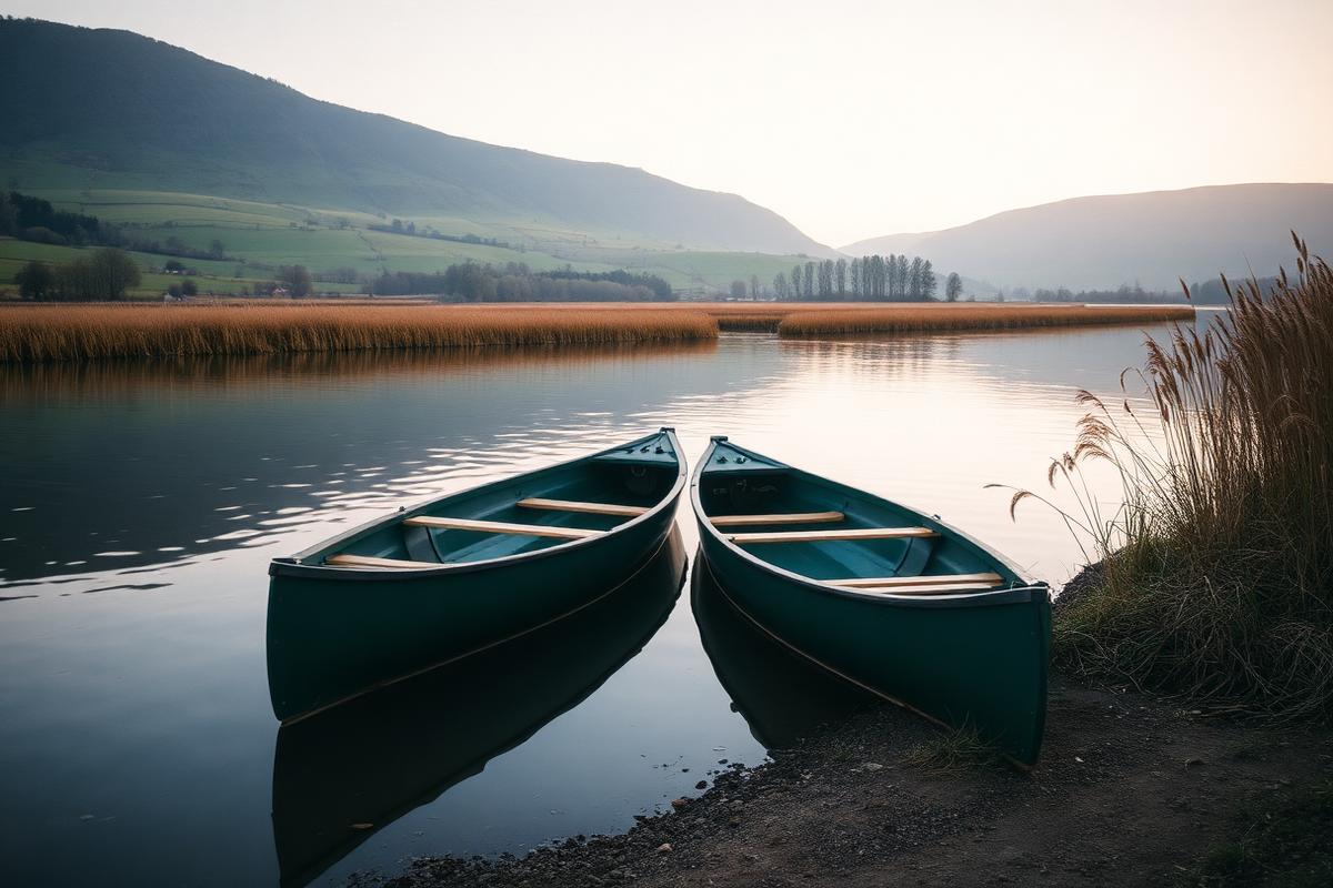 Two canoes resting on the River Severn beneath the Shropshire hills