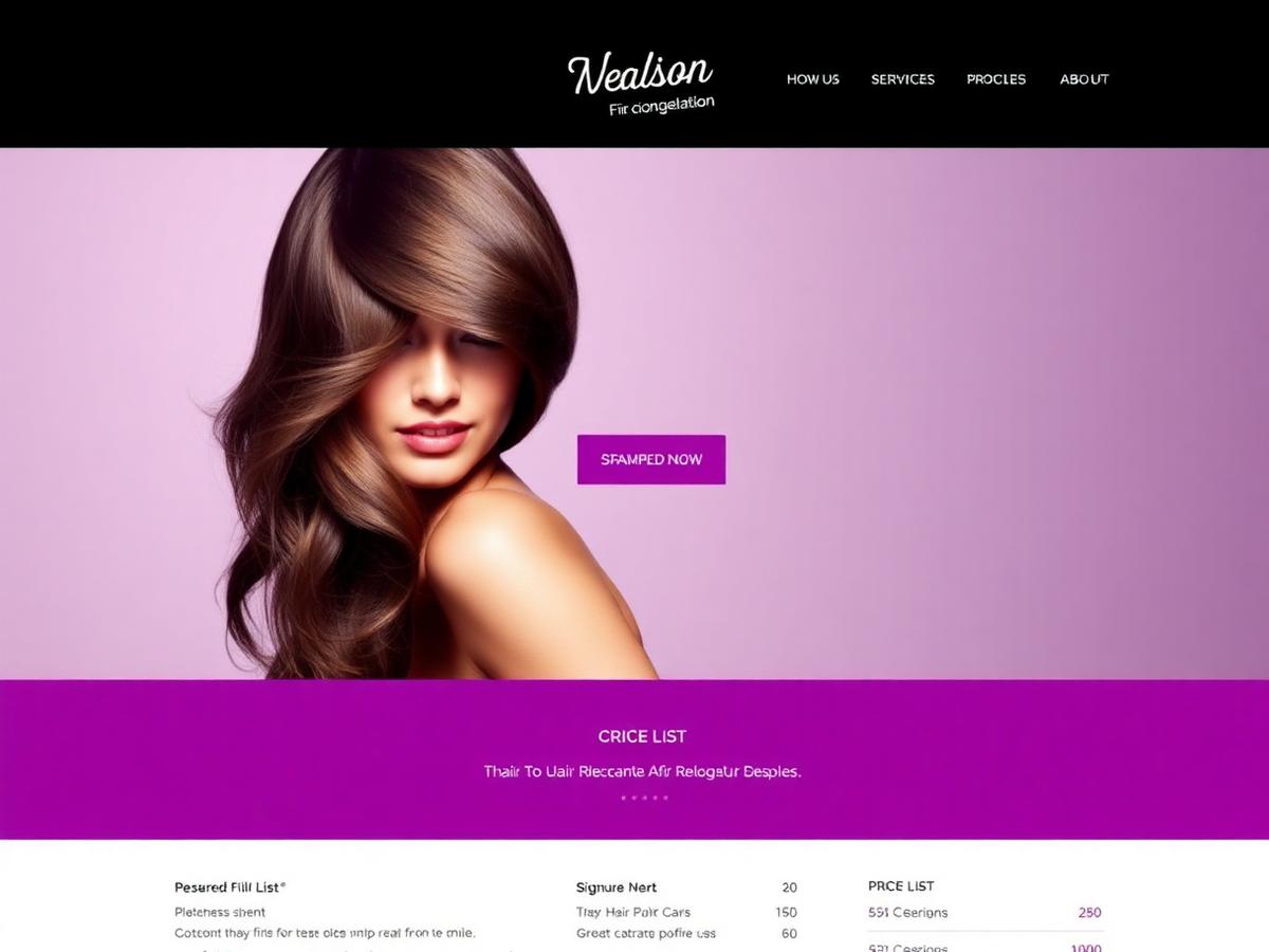 The previous Avani Hair Design website: a purple gradient template with a generic stock model