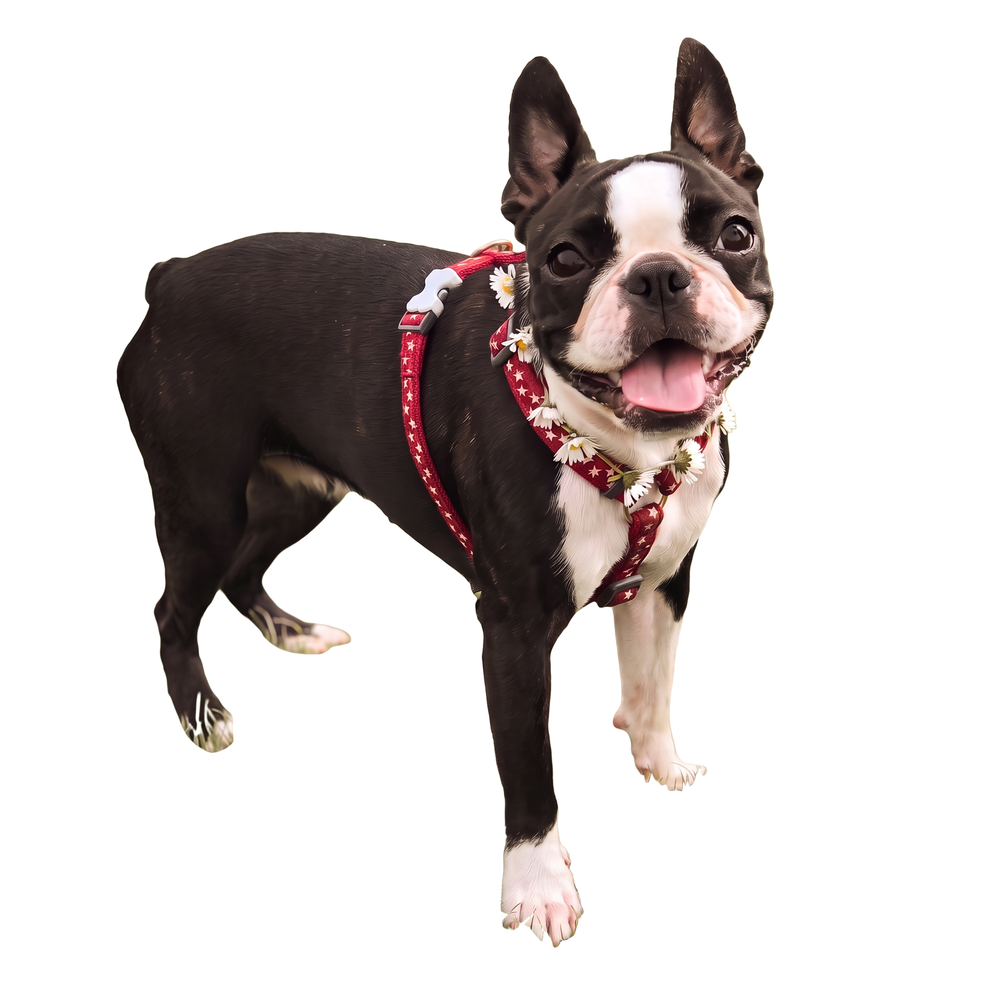 Pixie, the studio's Boston terrier, cut out against the page