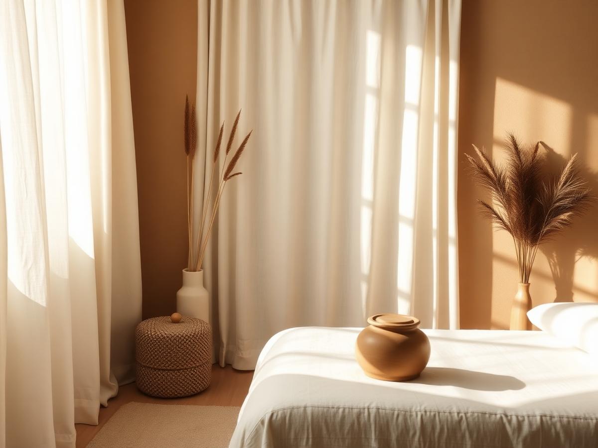 The Reiki Room treatment space: linen curtains, warm plaster walls and a calm treatment couch
